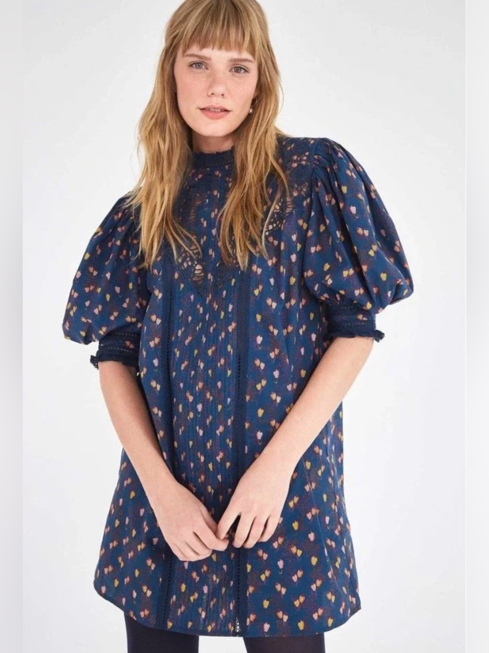 FARM Rio Navy Puff-Sleeve Dress with Pink and Orange Heart Print